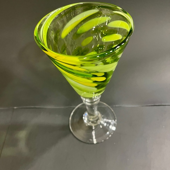 Hand Blown Glass Goblet - Green and Yellow Mixed Glass - 8" Tall - Picture 8 of 10
